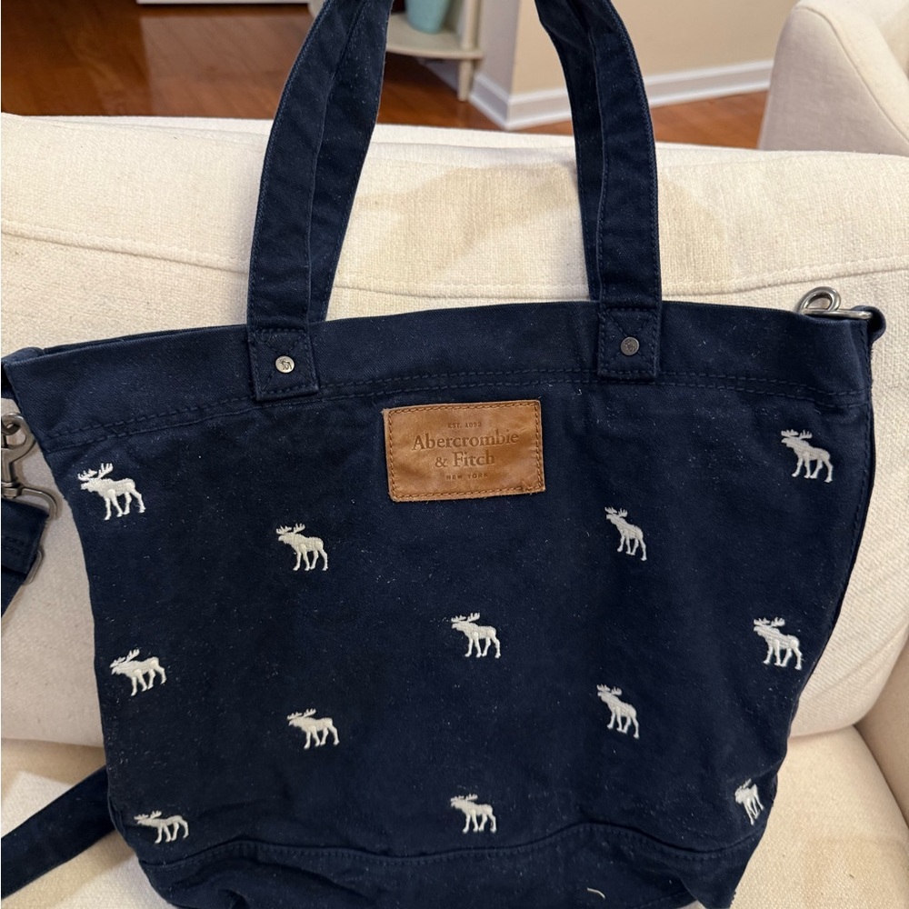 Abercrombie & Fitch Navy Canvas Tote with White Moose Embroidery
